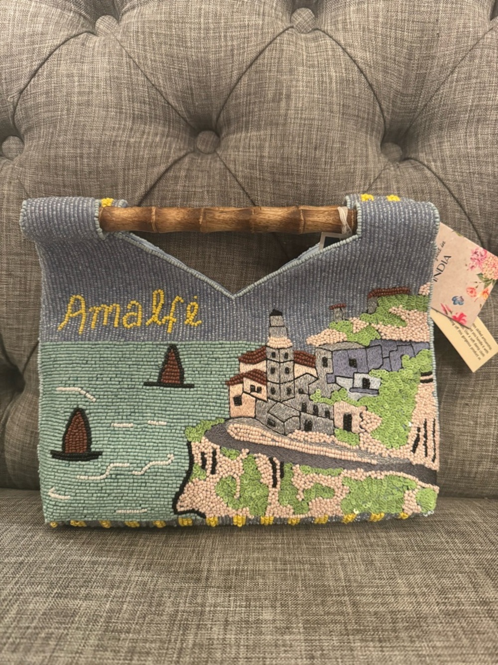 Amalfi Scenic Beaded Clutch with Bamboo Handle